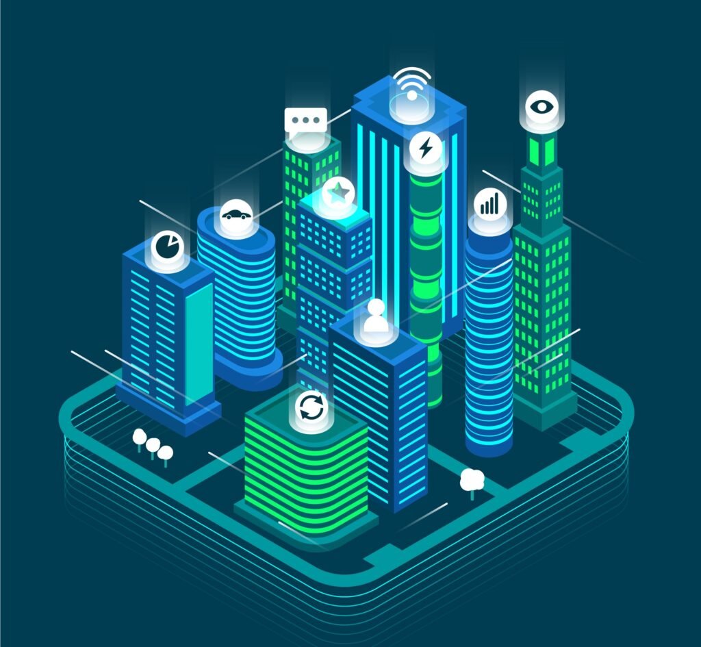 3D isometric illustration of smart city infrastructure with icons for data analytics and energy.