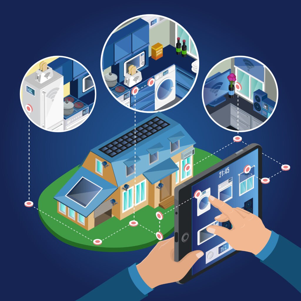 Isometric 3D illustration of a smart home with solar panels, where a user controls connected kitchen appliances, laundry, and lighting via a digital tablet application.