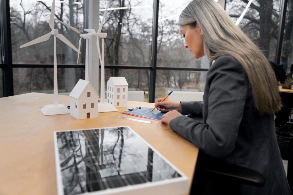 A professional woman working on renewable energy plans with 3D models of wind turbines, small houses, and a solar panel on her desk.