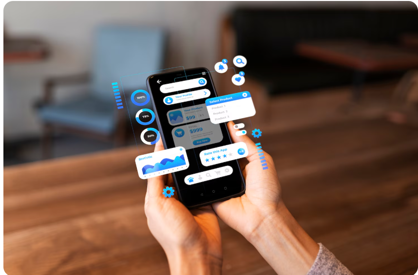 A hand holding a white tablet displaying a circular network of business icons, including logistics, cloud data, and team collaboration, against a global backdrop.